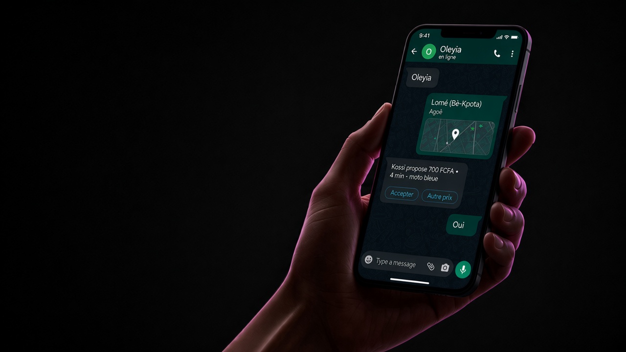 Course Oleyia dans WhatsApp, sur un téléphone à Lomé